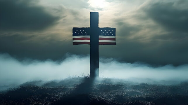 Cross Stands Tall, Flag Adorned, Misty Field, Remembrance