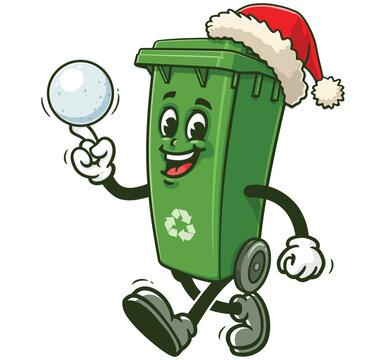 recommend clip art: Trash Bin  playing snowballs and wearing a christmas hat,   Cartoon Character Mascot Illustration Vector Clip-art Hand-drawn Logo Design 