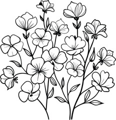 Elegant Black and White Floral Line Art: Delicate Flower Illustration, Botanical Drawing of Wildflowers, Minimalist Floral Design