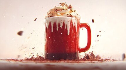 Red mug of hot chocolate with whipped cream and chocolate shavings.