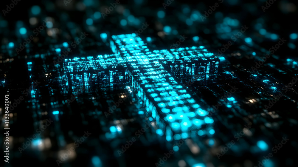 Poster digital cross: abstract data structure glows brightly in cyber space
