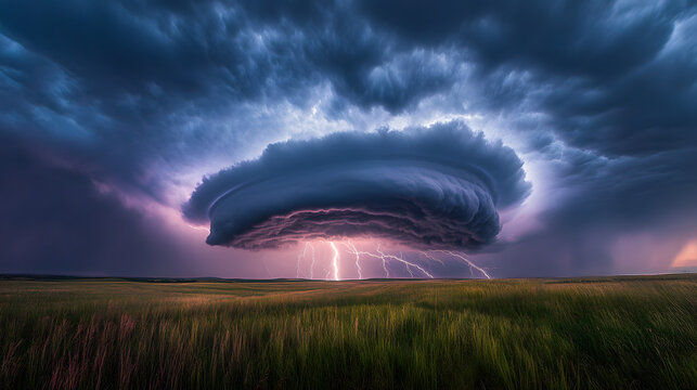Epic supercell storm with dramatic cloud formation and lightning strikes over a grassy plain, showcasing the raw power of nature, perfect for weather enthusiasts and dramatic art

