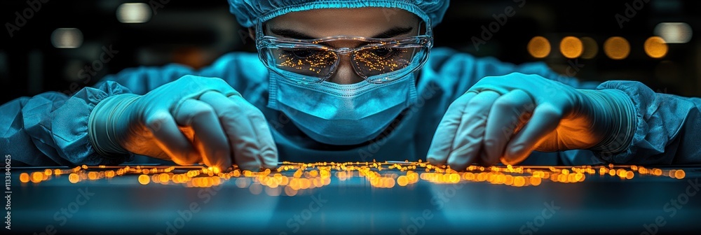 Poster a scientist in protective gear examines glowing particles on a surface in a lab setting.
