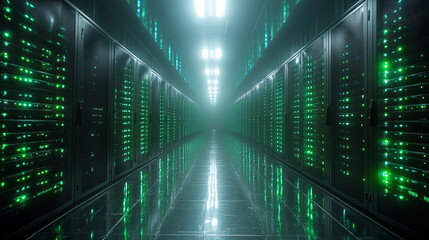 High-tech data center with rows of servers and green LED indicators.