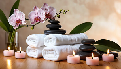 Spa Wellness Scene with Orchids, Hot Stones, and Tea Light Candles for Relaxation.