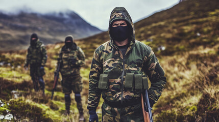 Group of masked individuals in camouflage clothing standing in rugged terrain with weapons, symbolizing resistance and rebellion, strong determined expressions.