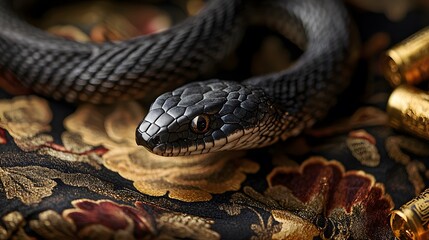 Fototapeta premium Captivating Black Snake Encounter on Ornate Fabric Backdrop Close-Up Photography Rich Textures Artistic Perspective