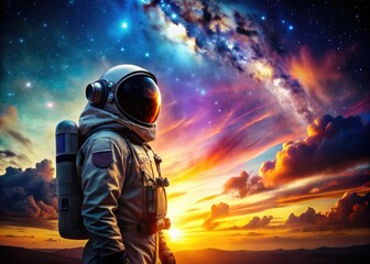 A lone astronaut silhouetted against a vibrant nebula, showcasing the breathtaking beauty of a cosmic sunset.