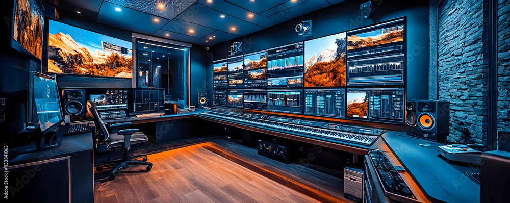 Poster modern audio-visual studio with multiple screens and sound equipment for content creation.