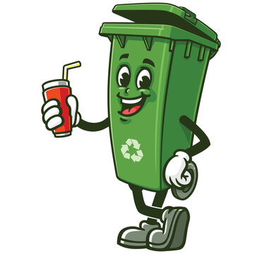 recommend clip art: Trash Bin with soft drink,   Cartoon Character Mascot Illustration Vector Clip-art Hand-drawn Logo Design 