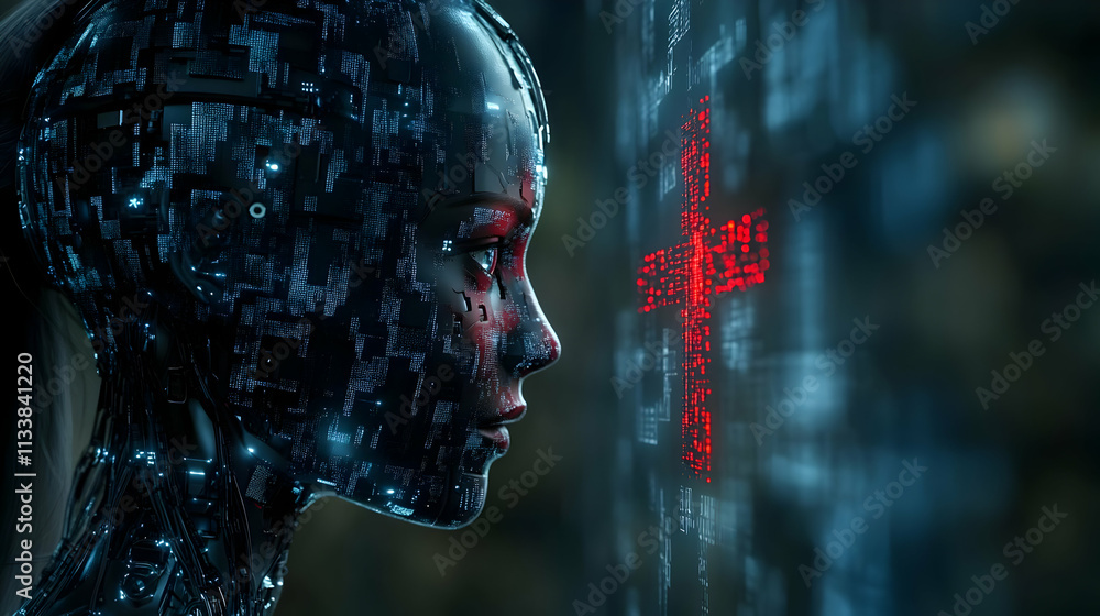 Poster ai robot processes data, shows digital cross, futuristic tech