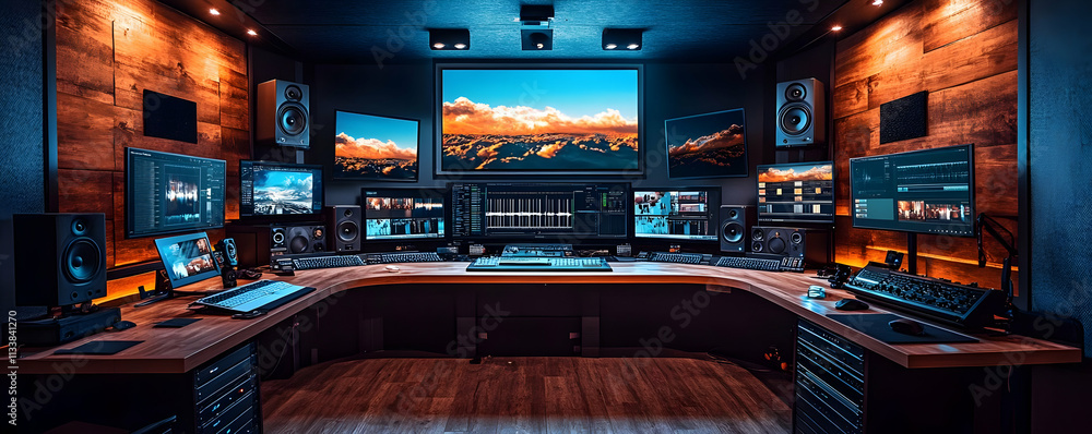 Poster a modern multimedia editing studio with multiple screens and audio equipment.