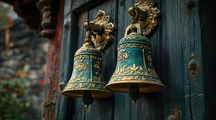 Fototapeta premium Ancient Teal and Gold Bells on Wooden Door