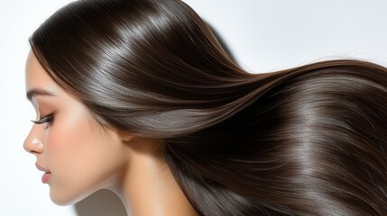 A close-up profile of a woman with long, flowing hair against a light background.