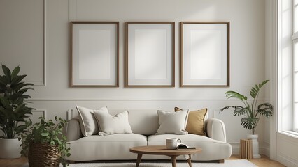 The living room interior has a mock-up poster frame on the wall, with a 3D render. generated by AI
