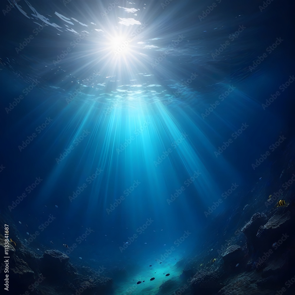 Poster underwater view of the coral reef with fishes and rays of sunlight. generated by ai