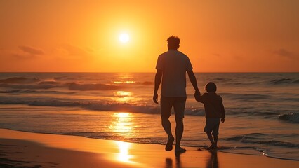 Fototapeta premium Father and son having fun on the beach at sunset. Concept of friendly family. generated by AI