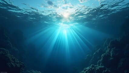 Obraz premium Underwater view of the coral reef with fishes and rays of sunlight. generated by AI