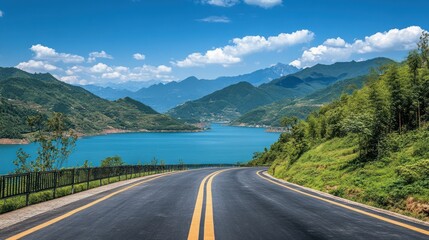 Naklejka premium Scenic Mountain Road Trip: Azure Lake and Rolling Hills