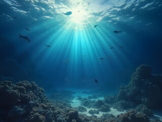 Fototapeta premium Underwater view of the coral reef with fishes and rays of sunlight. generated by AI