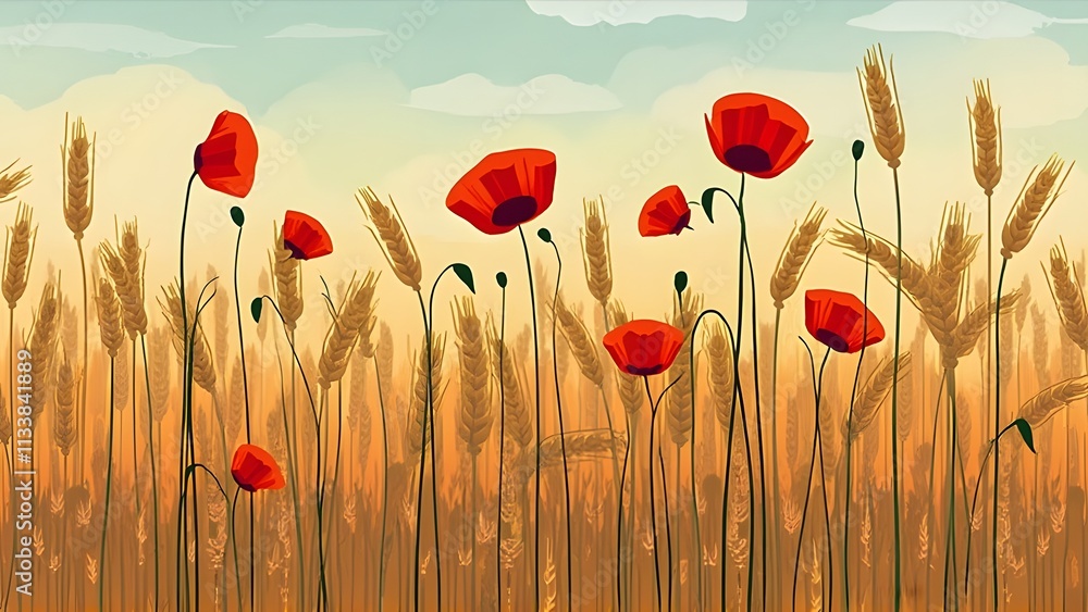 Poster vector illustration of a wheat field with red poppies in the sky. generated by ai