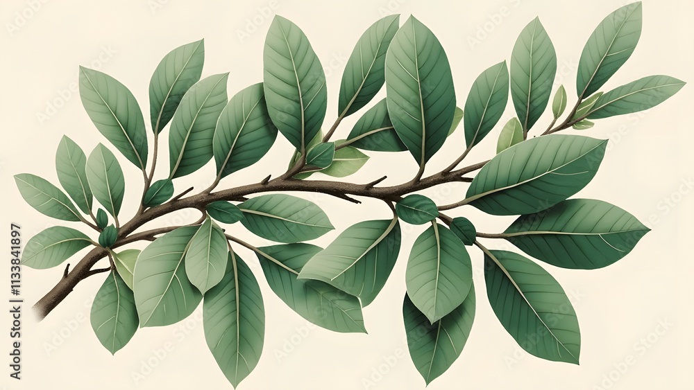 Poster branch of a tree with green leaves on a white background. generated by ai