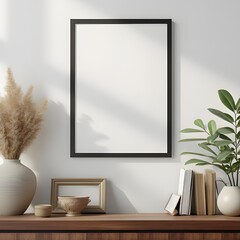 The interior of the modern living room has white walls, a wooden floor, a white sofa, and two vertical mock-up posters. 3d rendering. generated by AI