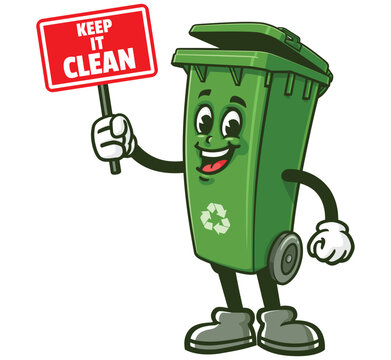 recommend clip art: Trash Bin with keep it clean sign,   Cartoon Character Mascot Illustration Vector Clip-art Hand-drawn Logo Design 