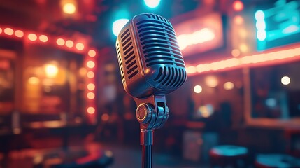 Vintage microphone in a vibrant nightclub setting.