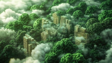 Abstract Representation of Urban Structures Amidst Lush Green Forests