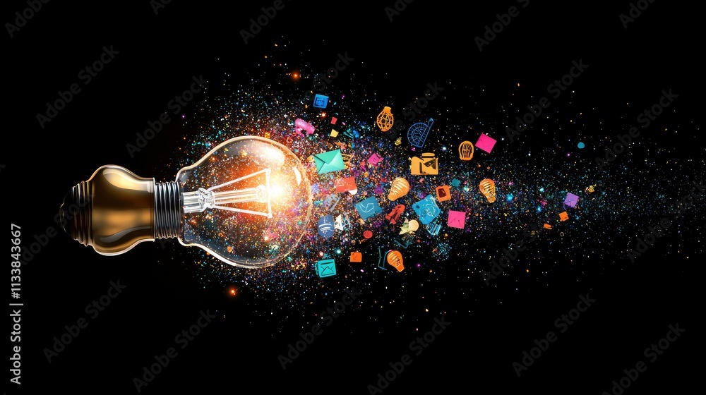 Poster light bulb with colorful icons and sparkles representing ideas