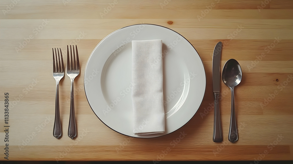 Poster a neatly arranged dining setting with a plate and utensils, ready for a meal.