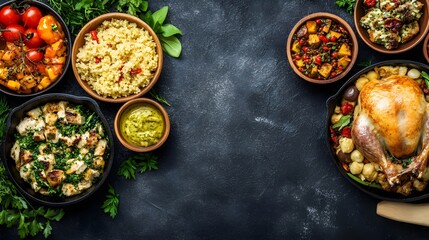 Roasted chicken, rice, vegetables, and side dishes on dark background.