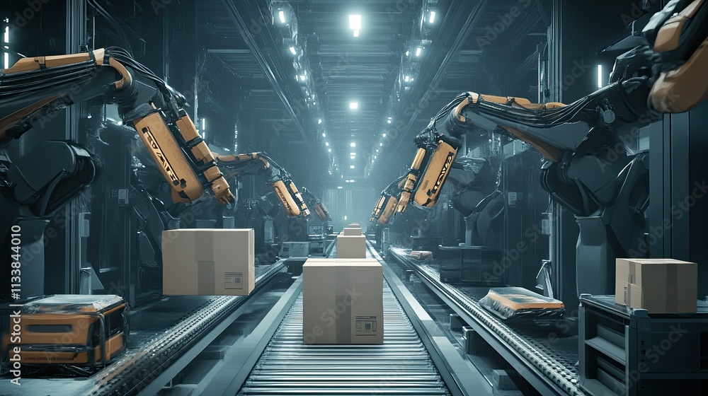 Poster advanced robotics in automated warehouse operations with packages