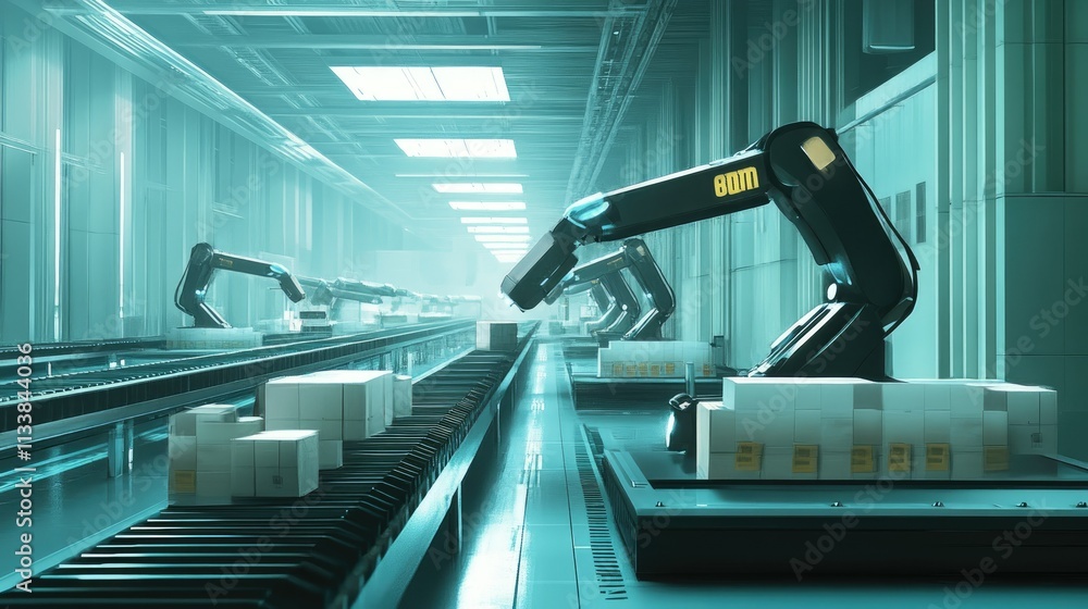 Poster advanced robotic arms working on production line in modern factory