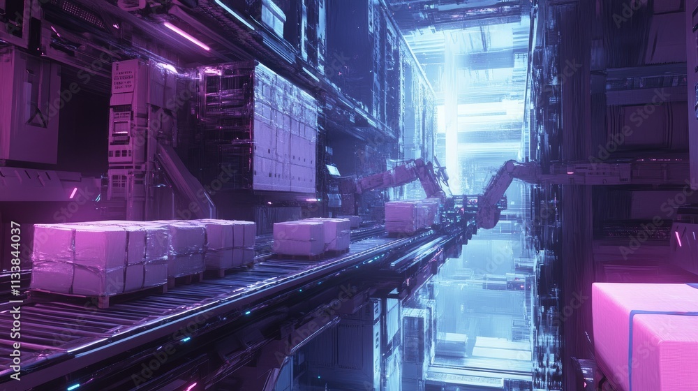 Poster futuristic warehouse with automated robots handling packages