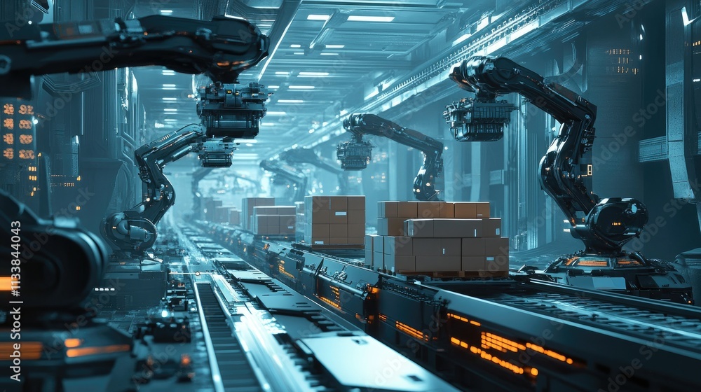 Aufkleber advanced robotic arms in high-tech warehouse automation setup