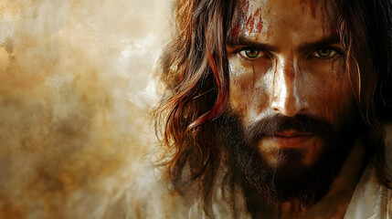 Intense Gaze:  A Man's Suffering, Faith's Resilience, Spiritual Journey Depicted.