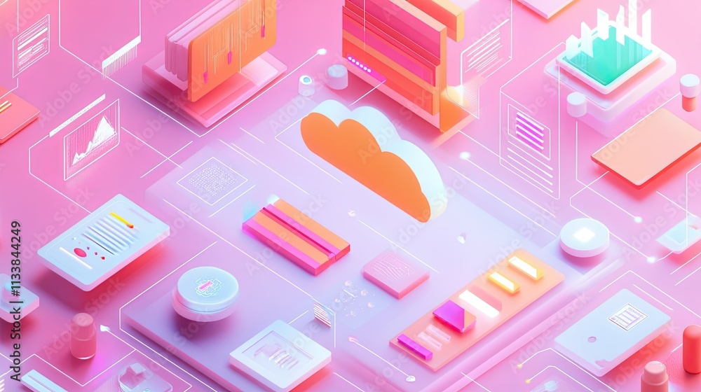 Poster abstract illustration of cloud computing with colorful design elements
