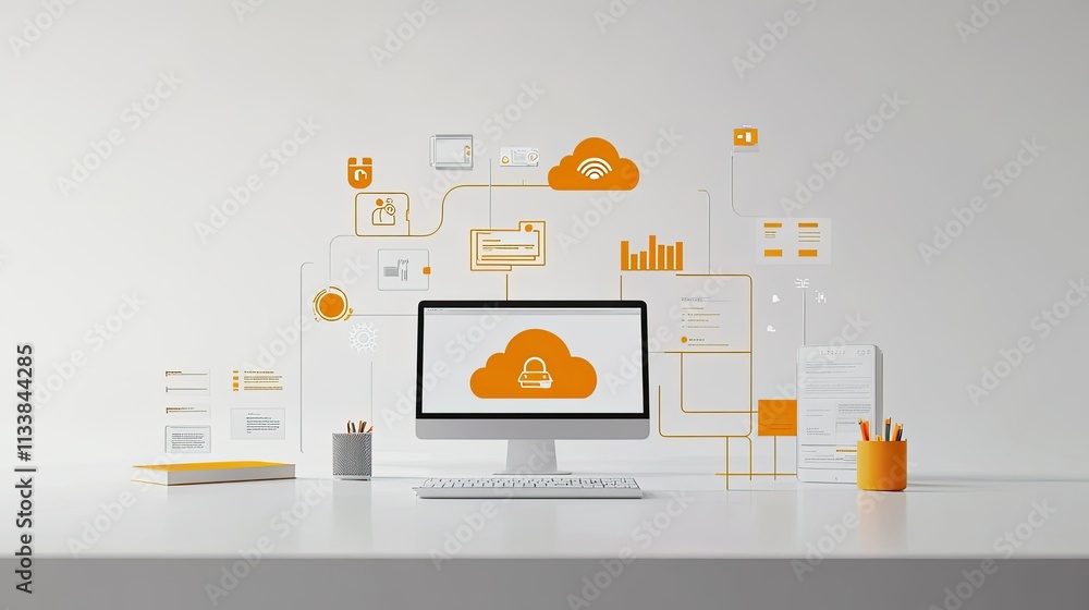 Poster modern computer desk setup with cloud technology illustrations