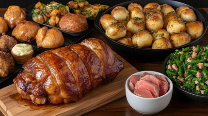 Roasted meat, potatoes, Yorkshire puddings, and vegetables on a table.