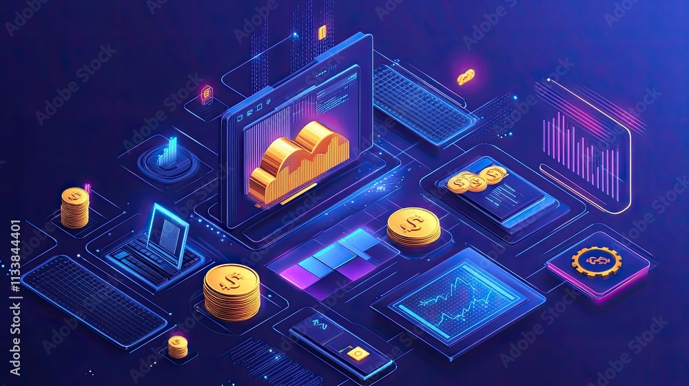 Poster futuristic financial dashboard with data visualization and analytics