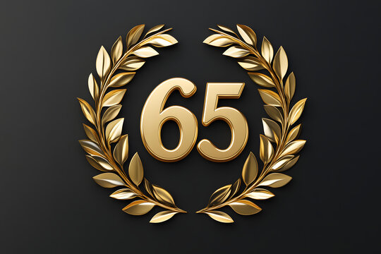 Elegant gold number 65 surrounded by a laurel wreath on a dark background, symbolizing achievement, milestone, and celebration, ideal for anniversaries, awards, or recognition designs
