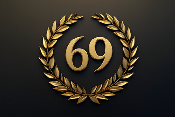 Golden number 69 emblem framed with a laurel wreath on an elegant dark background, symbolizing achievement, prestige, and excellence in a sleek design for awards or celebrations