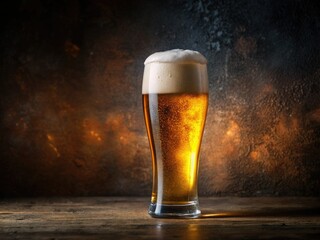 Close-up of a frothy, dark beer in a pint glass, showcasing its rich texture against a dark, textured background.
