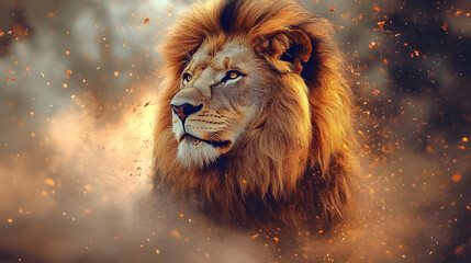 Naklejka premium Majestic Lion Roars, Fiery Mane, Wild Power