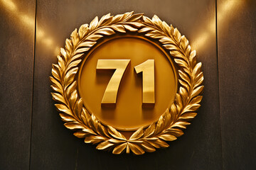 Number 71 in gold with a laurel wreath emblem on a dark reflective background, representing prestige, honor, and success, ideal for awards, achievements, and celebration visuals