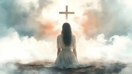 Woman Contemplates Cross in Heavenly Cloudscape, Finding Faith and Peace