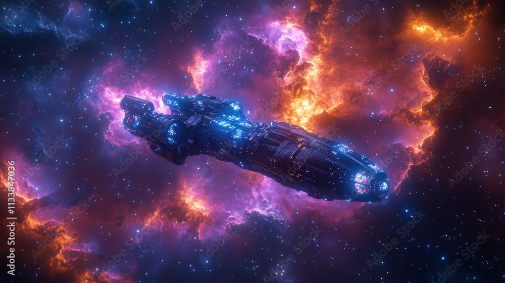 Poster futuristic spaceship traversing a vibrant nebula.