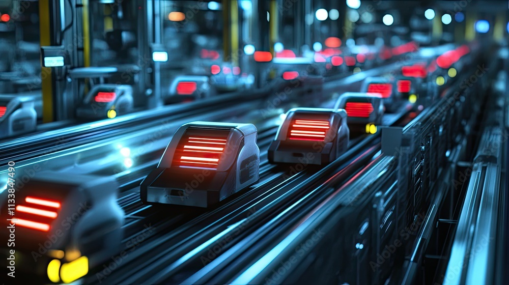 Poster futuristic automated conveyor system with red light indicators